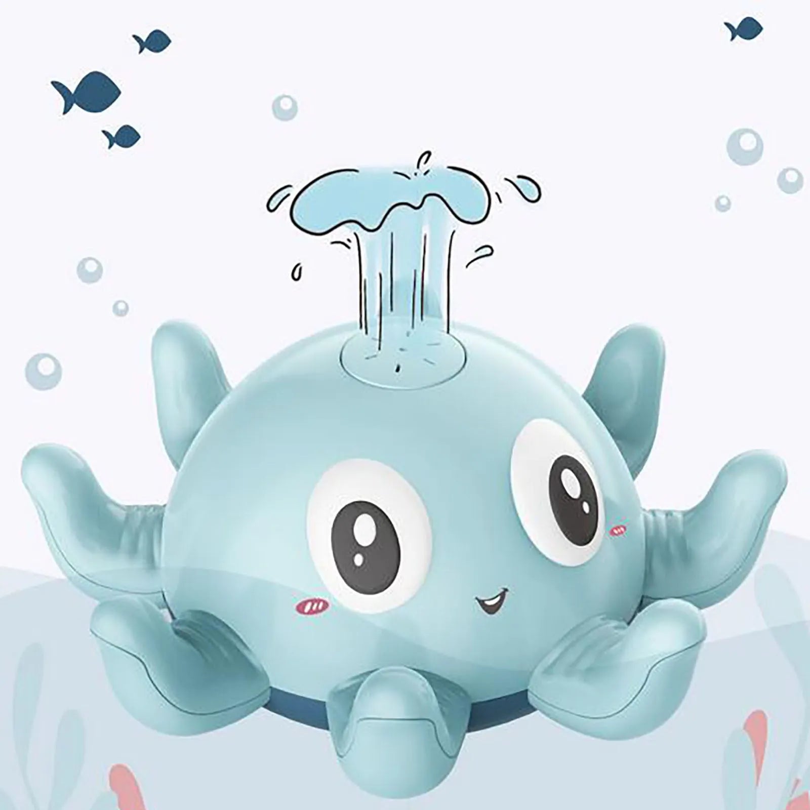 Blue or pink automatic spraying octopus bath toy with flashing lights for children's bathtub and pool play.