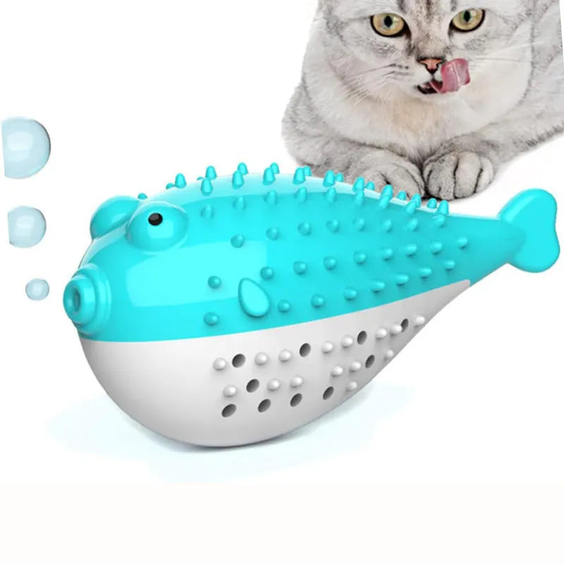 Blue silicone fish-shaped cat chew toy showing measurements and fish design details