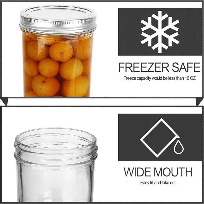 Six 16oz transparent glass jars with wide mouths and sealed lids on a shelf