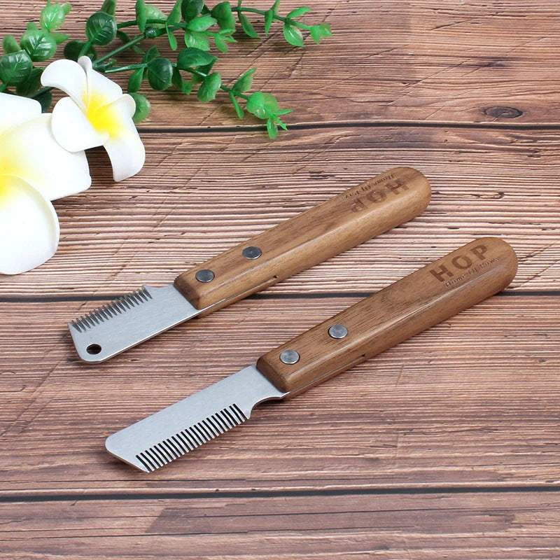 Terrier dog grooming comb with walnut wood handle and stainless steel cutter head