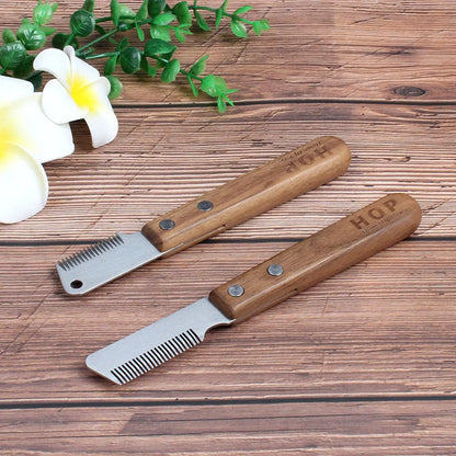 Terrier dog grooming comb with walnut wood handle and stainless steel cutter head