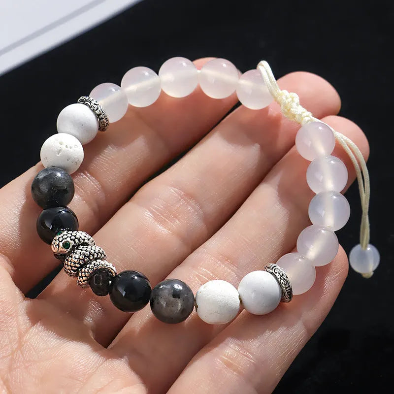 Handcrafted agate couple bracelets in black and white blessing snake style with natural stones