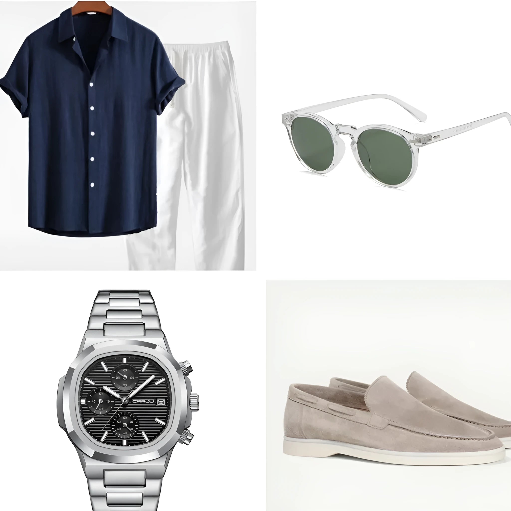 Casual loose navy blue cotton linen short sleeve suit with trousers, glasses, shoes, and watch on a mannequin