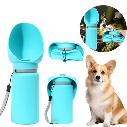 Folding pet water bottle in blue and grey, leak-proof design for outdoor use