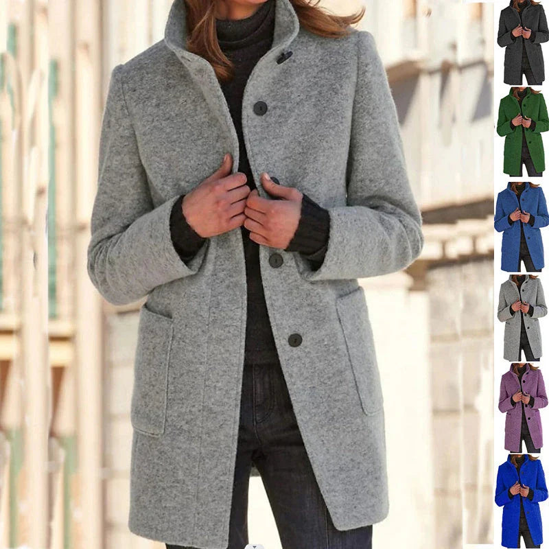 Stylish wool coat with stand collar and pockets, available in various colors for casual fall and winter wear.