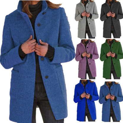 Stylish wool coat with stand collar and pockets, available in various colors for casual fall and winter wear.