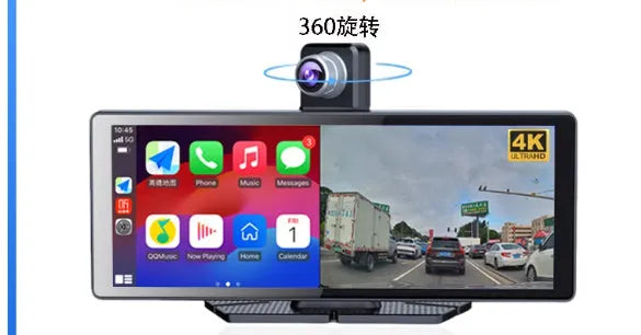 360° panoramic dash cam touchscreen mounted on car centre console with front and rear recording view
