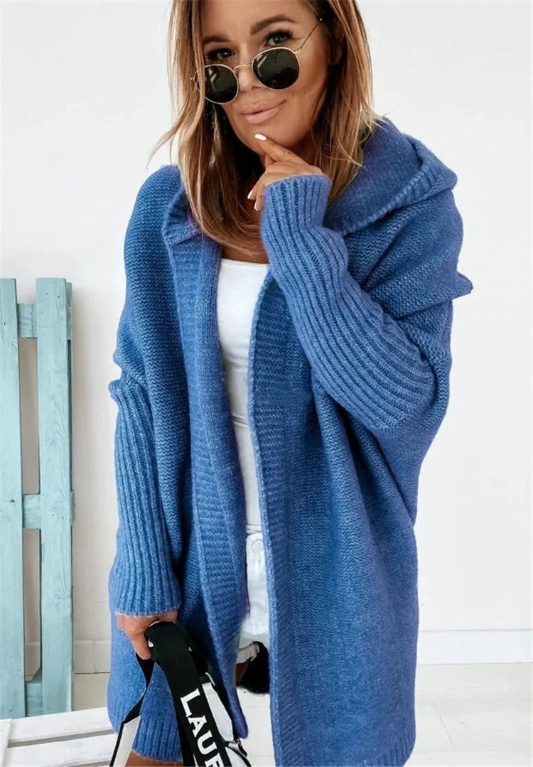 Oversized bat sleeve hooded cardigan in sheep wool blend, available in multiple colours