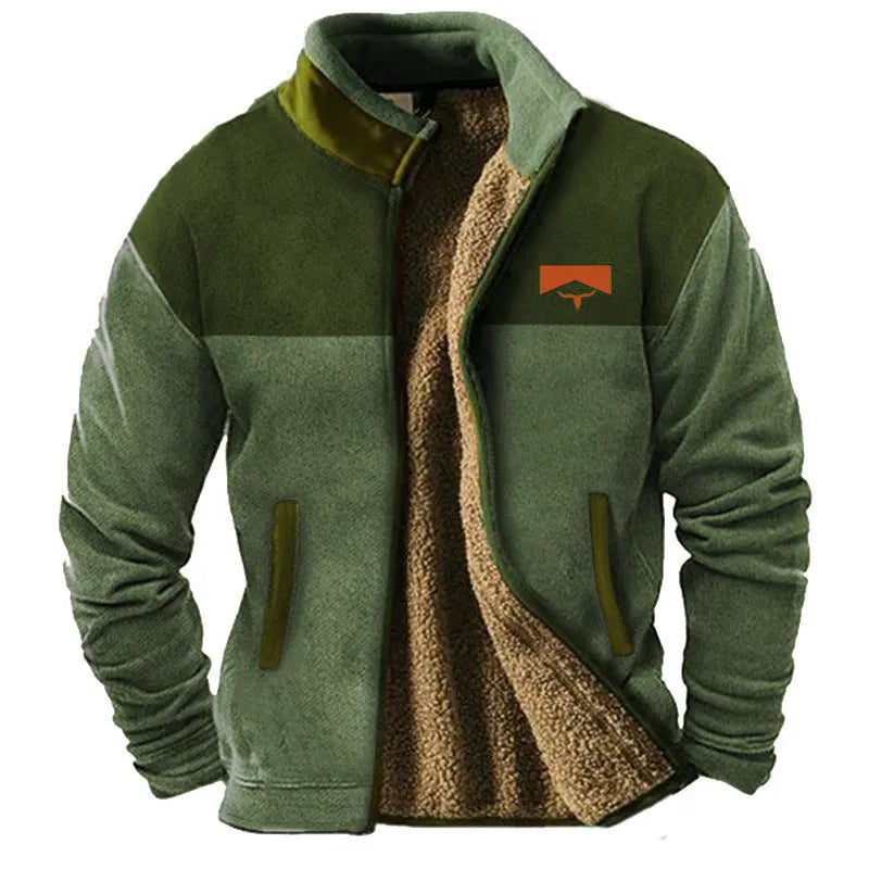 Men's green polyester padded coat on a hanger, showing regular fit and fleece texture.