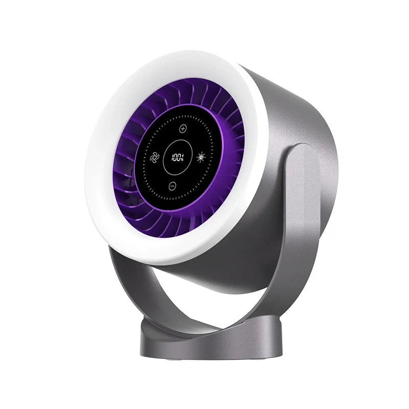 Adjustable USB desktop fan light with LED display in apricot, dark blue, and dark grey