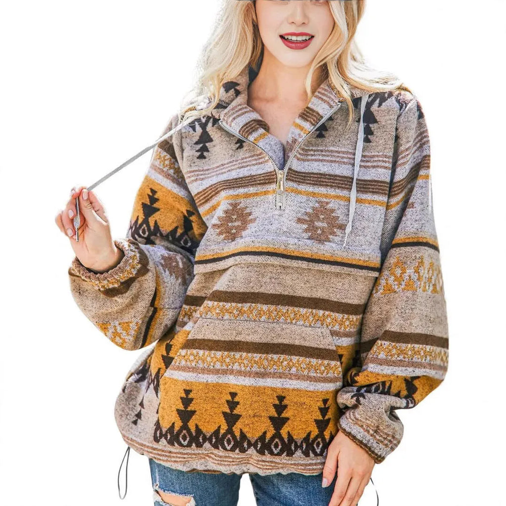 Women's retro fashion half-zip long sleeve sweatshirt with digital print in loose fit
