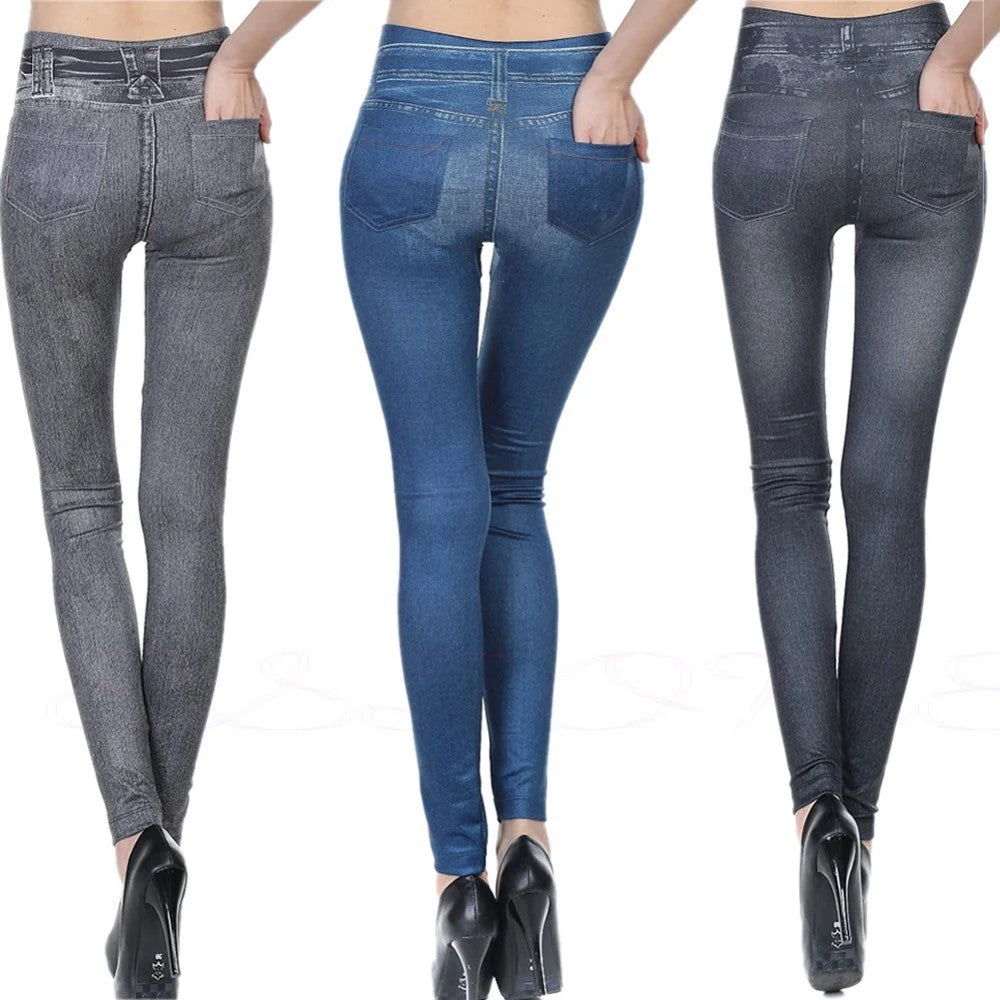 High waisted denim look leggings in various colors and sizes, showcasing stretch fit and comfort