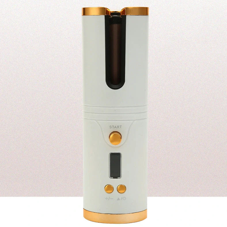 Wireless mini USB hair curler with gold spray paint shell showing 21-30mm barrel and temperature control buttons