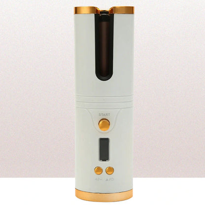 Wireless mini USB hair curler with gold spray paint shell showing 21-30mm barrel and temperature control buttons