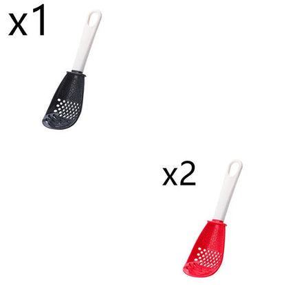 Multifunctional slotted spoon for grinding and cooking in red and black