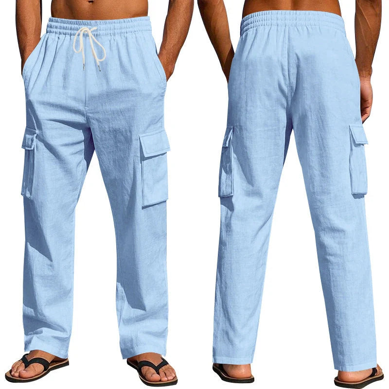 Men's multi-pocket linen pants in various colours