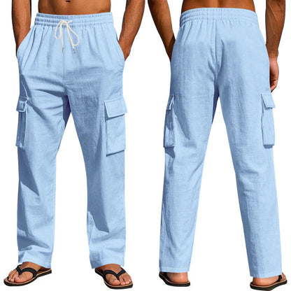 Men's multi-pocket linen pants in various colours