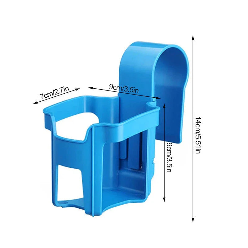 Poolside drink holder securely clipping onto the side of an above-ground swimming pool, holding a variety of cup sizes for refreshing beverages