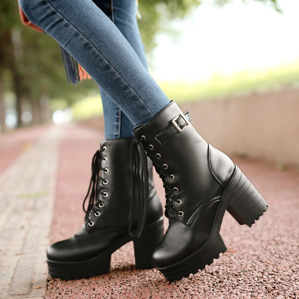 Large size thick heel high heel PU Martin boots in black, brown, and white, sizes 34 to 43