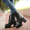 Large size thick heel high heel PU Martin boots in black, brown, and white, sizes 34 to 43