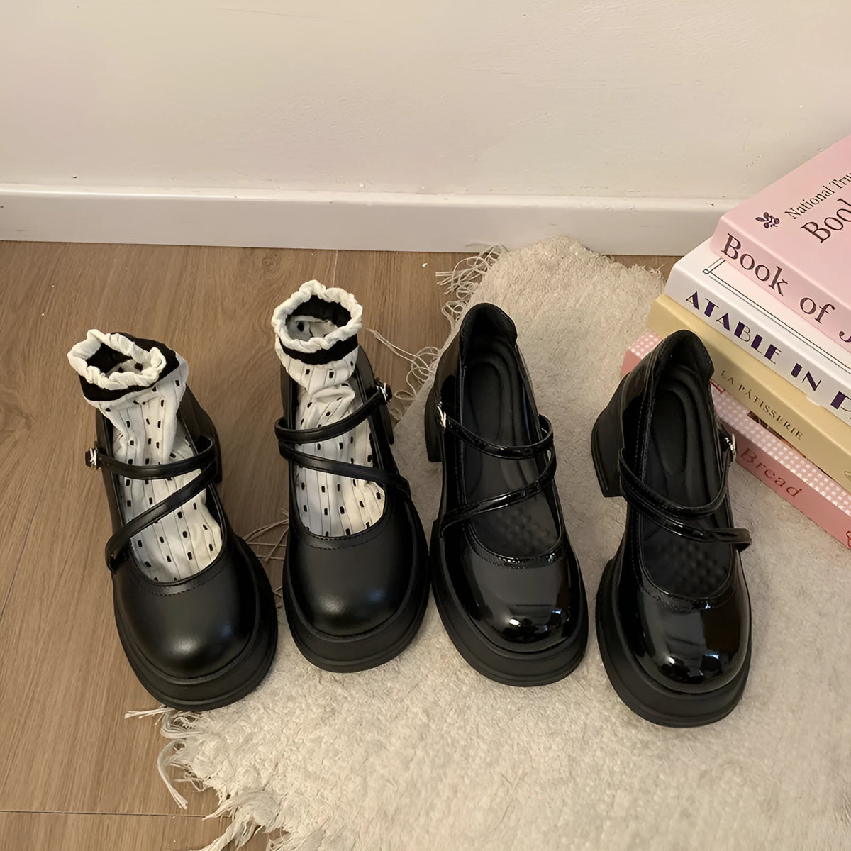 Black matte leather shoes for women with chunky heel, low-top style, and imitation leather lining
