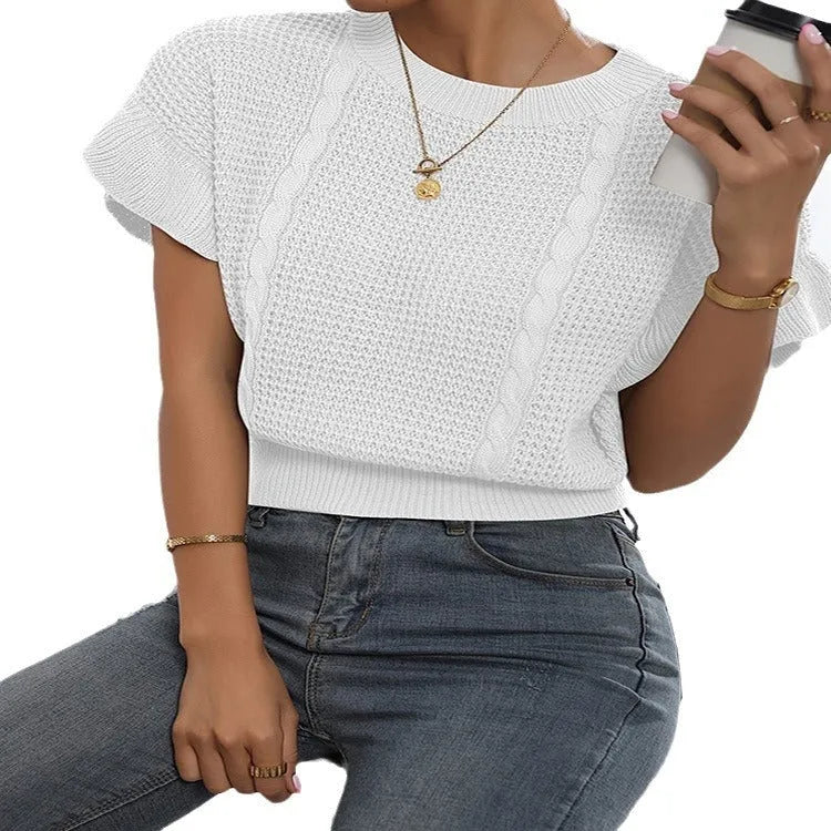 Knitted pullover sweater with twisted string ruffled short sleeves in Japanese Korean casual style