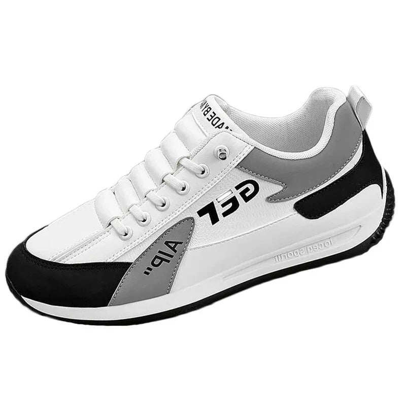 Men's sports flat shoes with mesh upper in black, white, gray, and khaki