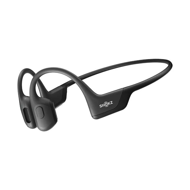 Titanium alloy bone conduction wireless sports earphones in Knight Black colour, shown in neck-hanging style.