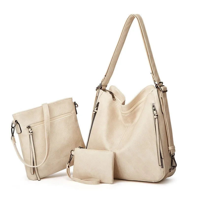 Women's retro three-piece bag set in soft PU material with horizontal square shape and sewing thread detail, available in multiple colours