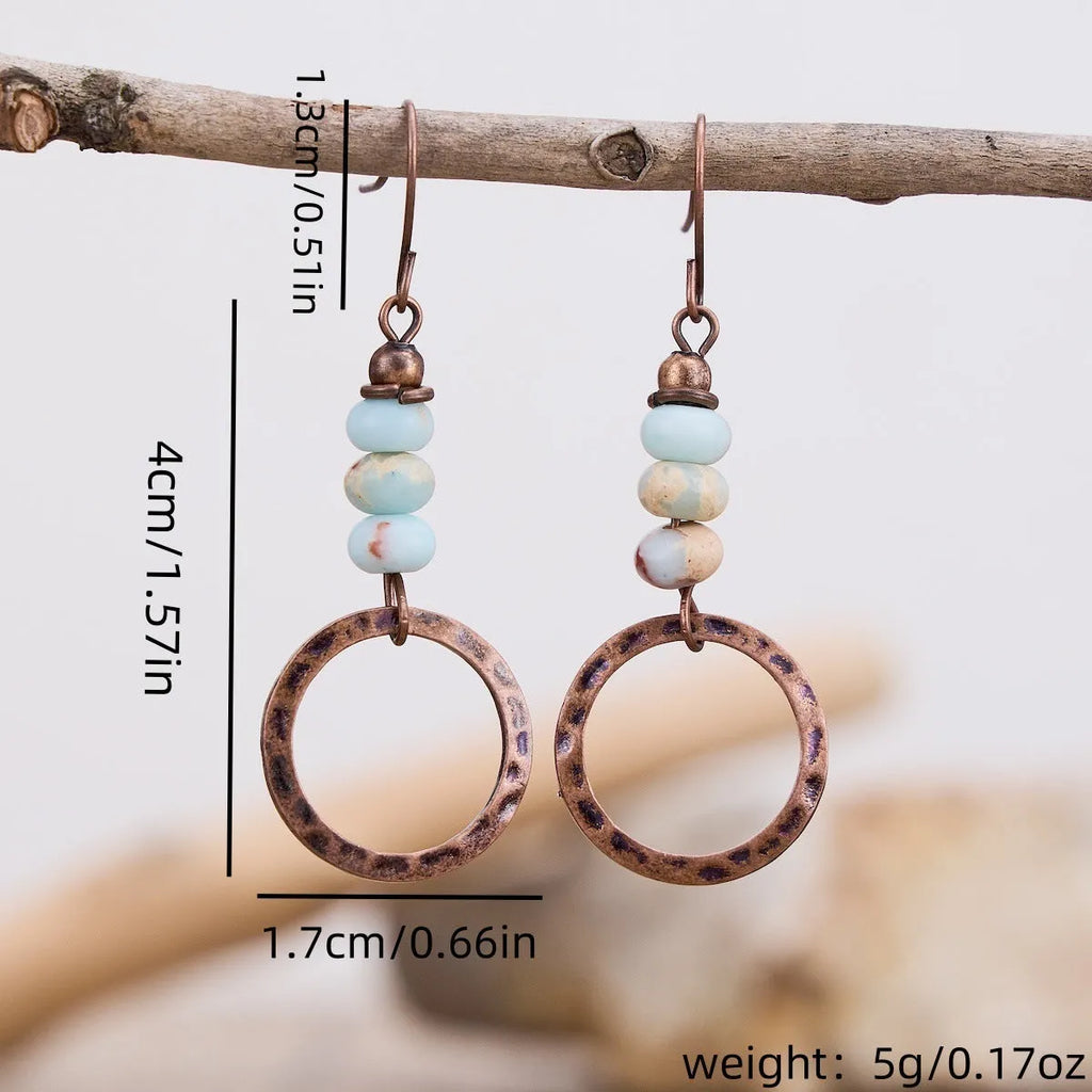 Hammered turquoise beaded pendant earrings retro geometric style zinc alloy electroplated picture colour women's fashion