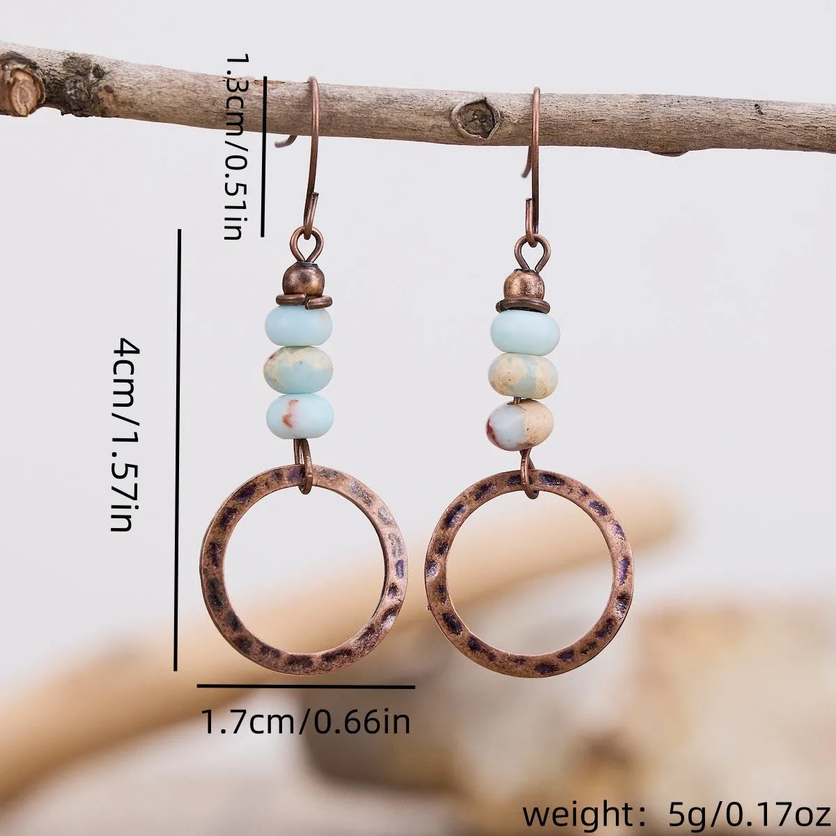 Hammered turquoise beaded pendant earrings retro geometric style zinc alloy electroplated picture colour women's fashion