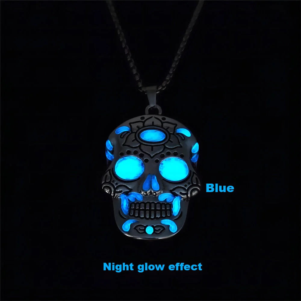 Halloween luminous skull necklace with Day of the Dead lotus pattern