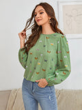 Women's green long-sleeved shirt with white butterfly print, loose fit