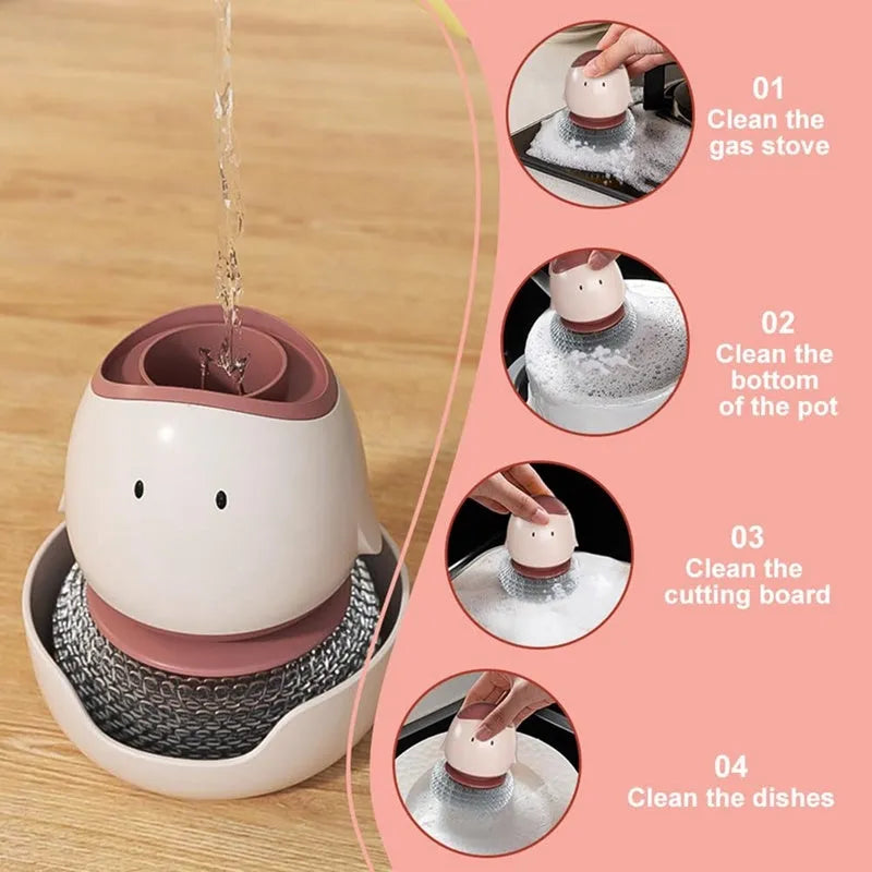 Automatic liquid filling dish brush in cute chicken shape with replaceable brush head in Bean Red