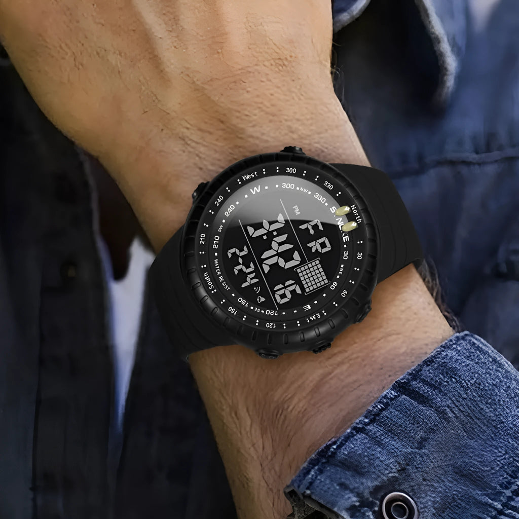 Black waterproof outdoor electronic watch for men with large plastic case and PU strap.