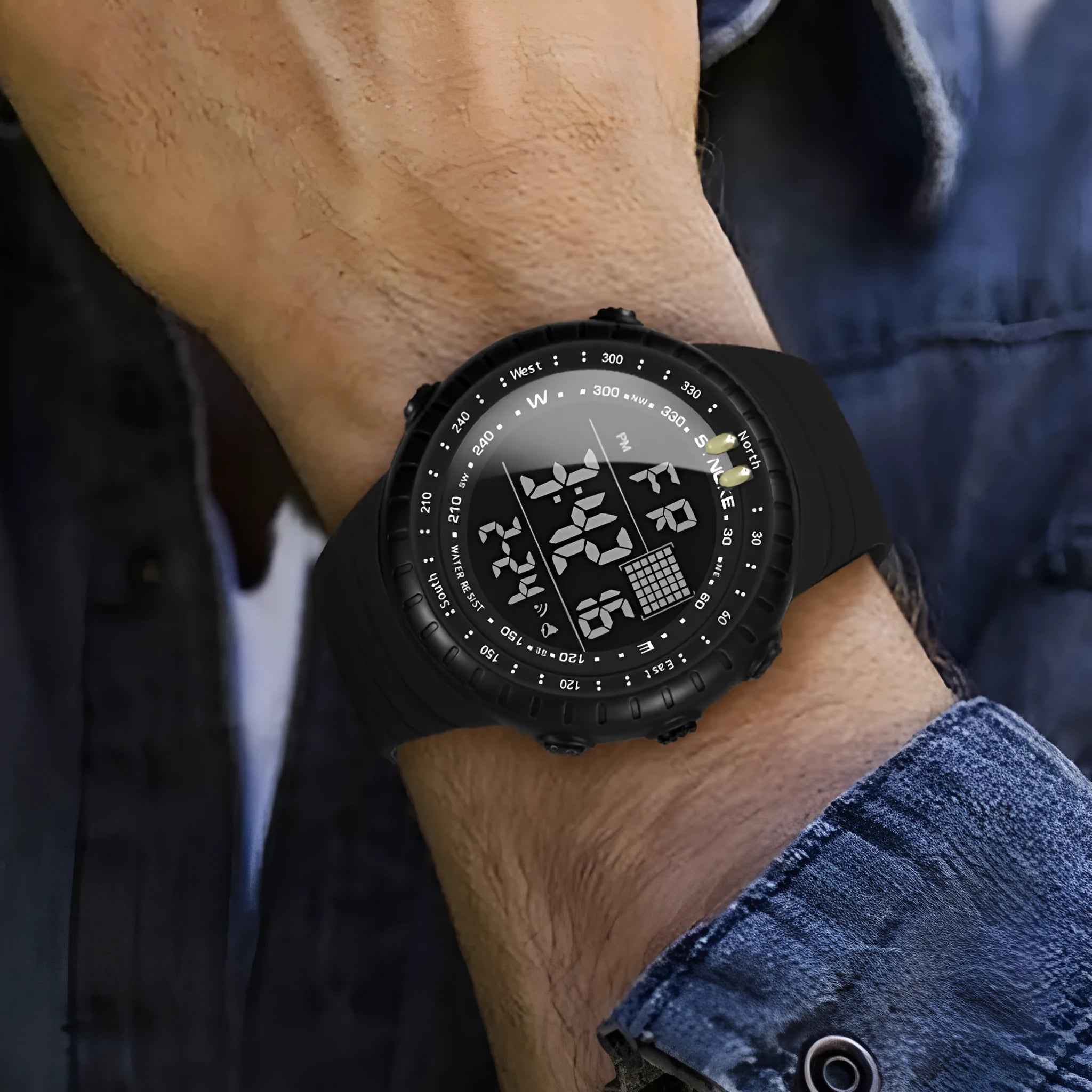 Black waterproof outdoor electronic watch for men with large plastic case and PU strap.