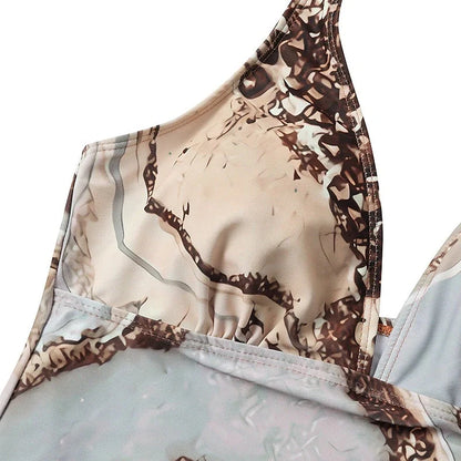 Brown polyester split bikini for women showing top and bottom pieces with size range S to XXL