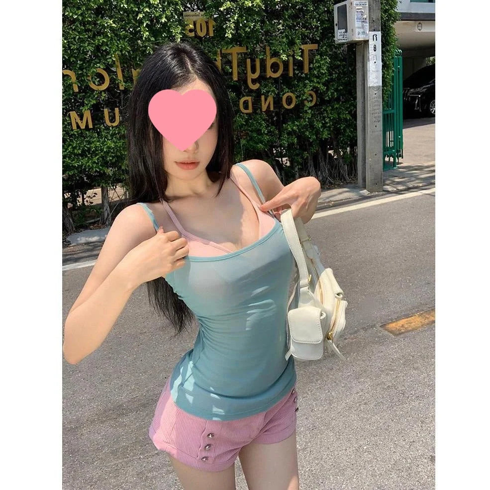 Short sleeveless see-through top in polyester fabric showing no back design