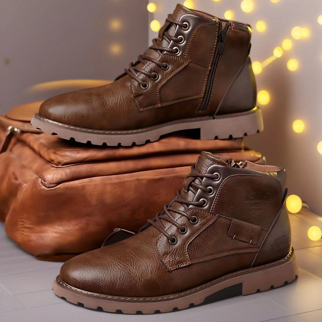 Men's brown and black side-zip ankle boots with round toe and rubber sole
