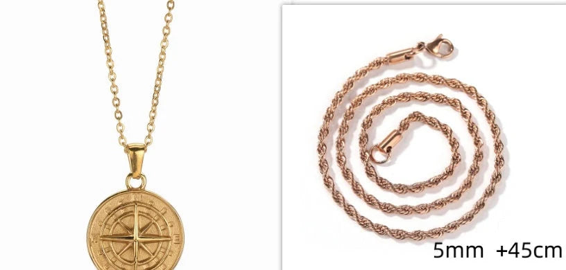 Stainless steel compass circular necklace with electroplated finish in gold and steel options