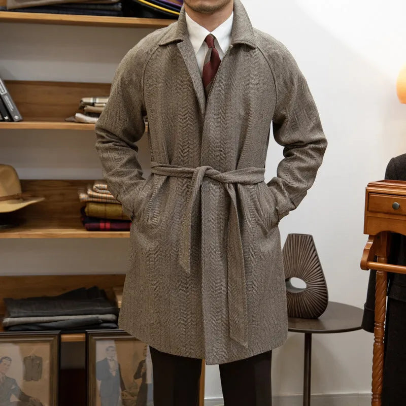 Autumn winter Barr MACN warm wool brown houndstooth side pocket overcoat for teenagers