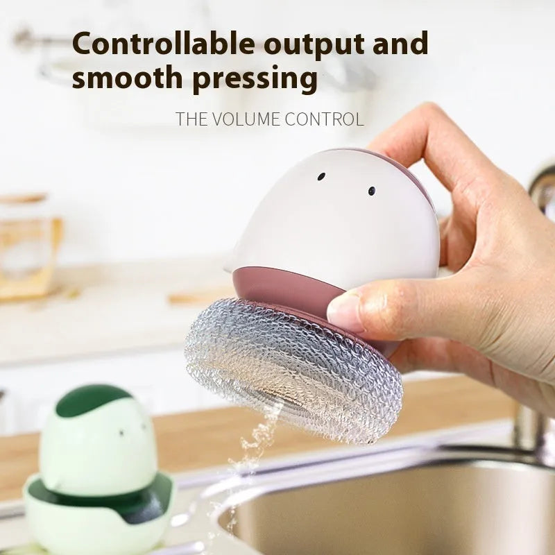 Automatic liquid filling dish brush in cute chicken shape with replaceable brush head in Bean Red