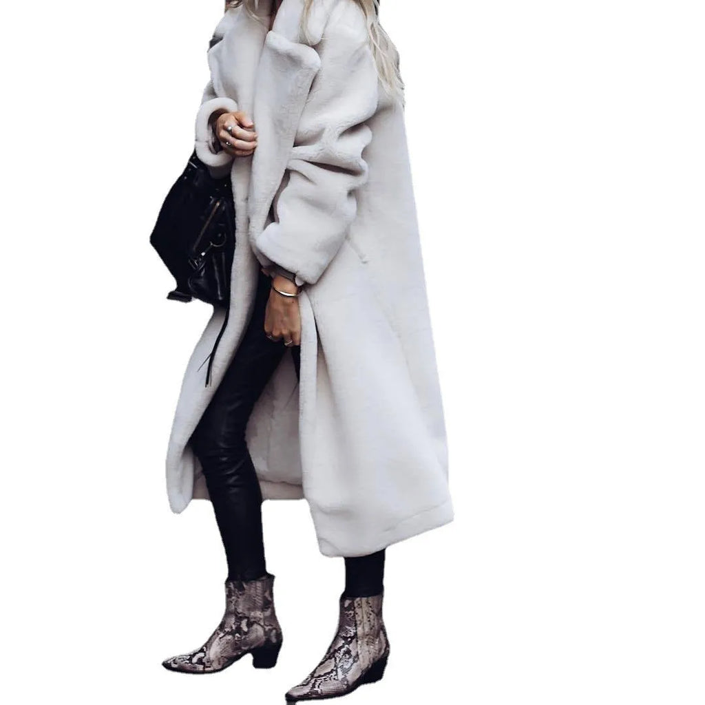 Women's double-sided lapel woolen coat in solid colour, medium length with pockets, casual autumn winter style