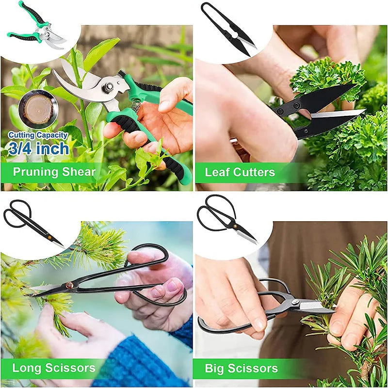 24-piece stainless steel bonsai tools set for potted plant pruning and maintenance, arranged on a flat surface showing various tool shapes.