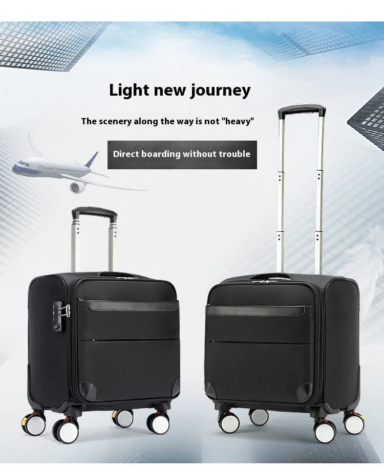 Black 18-inch Oxford cloth business travel suitcase with pull handle and wheels