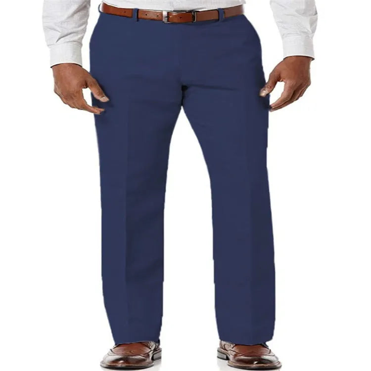 Men's beige white linen blend casual trousers with slanted front pockets on a solid colour background.