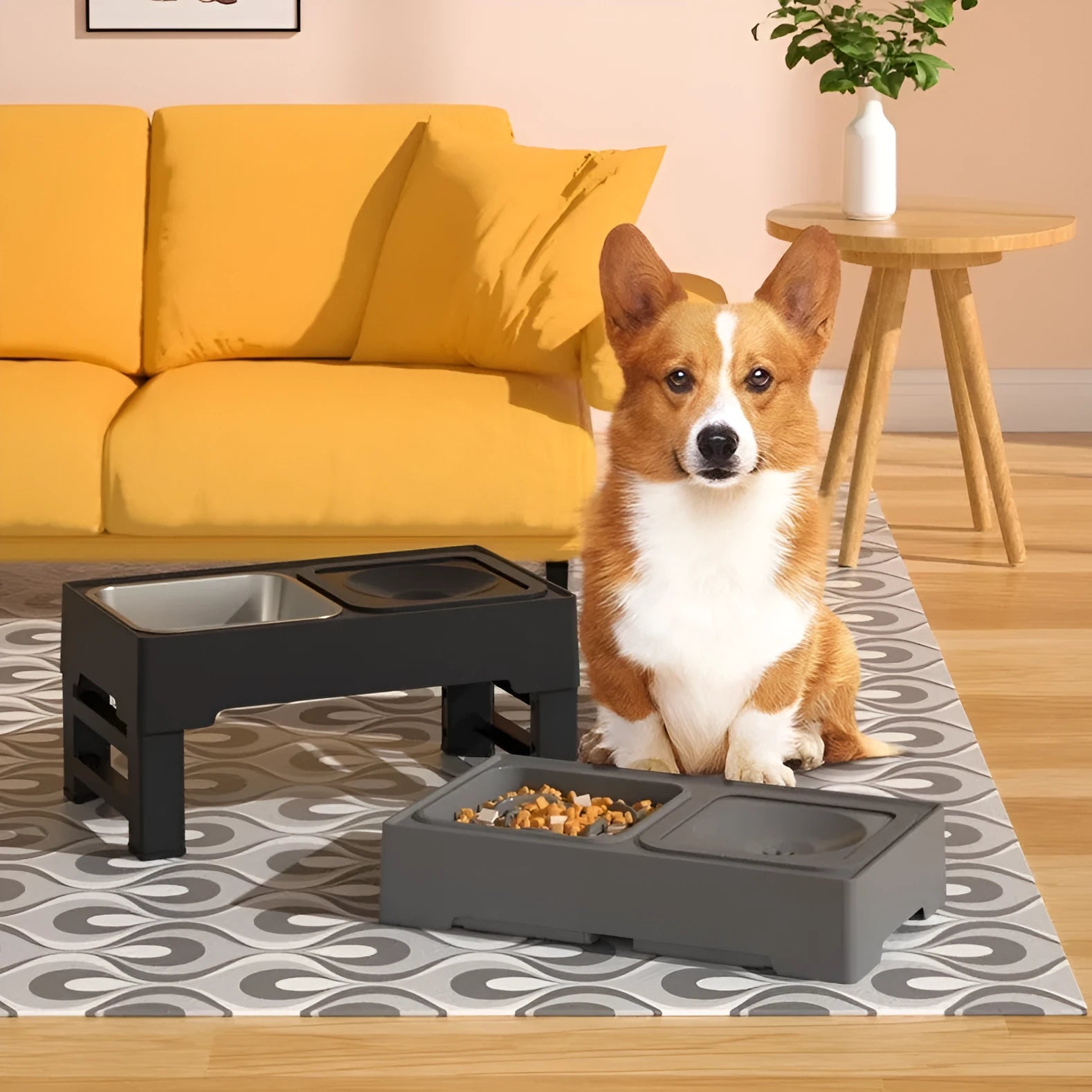 Black adjustable-height dog feeding stand with two stainless steel bowls on a non-slip plastic base.