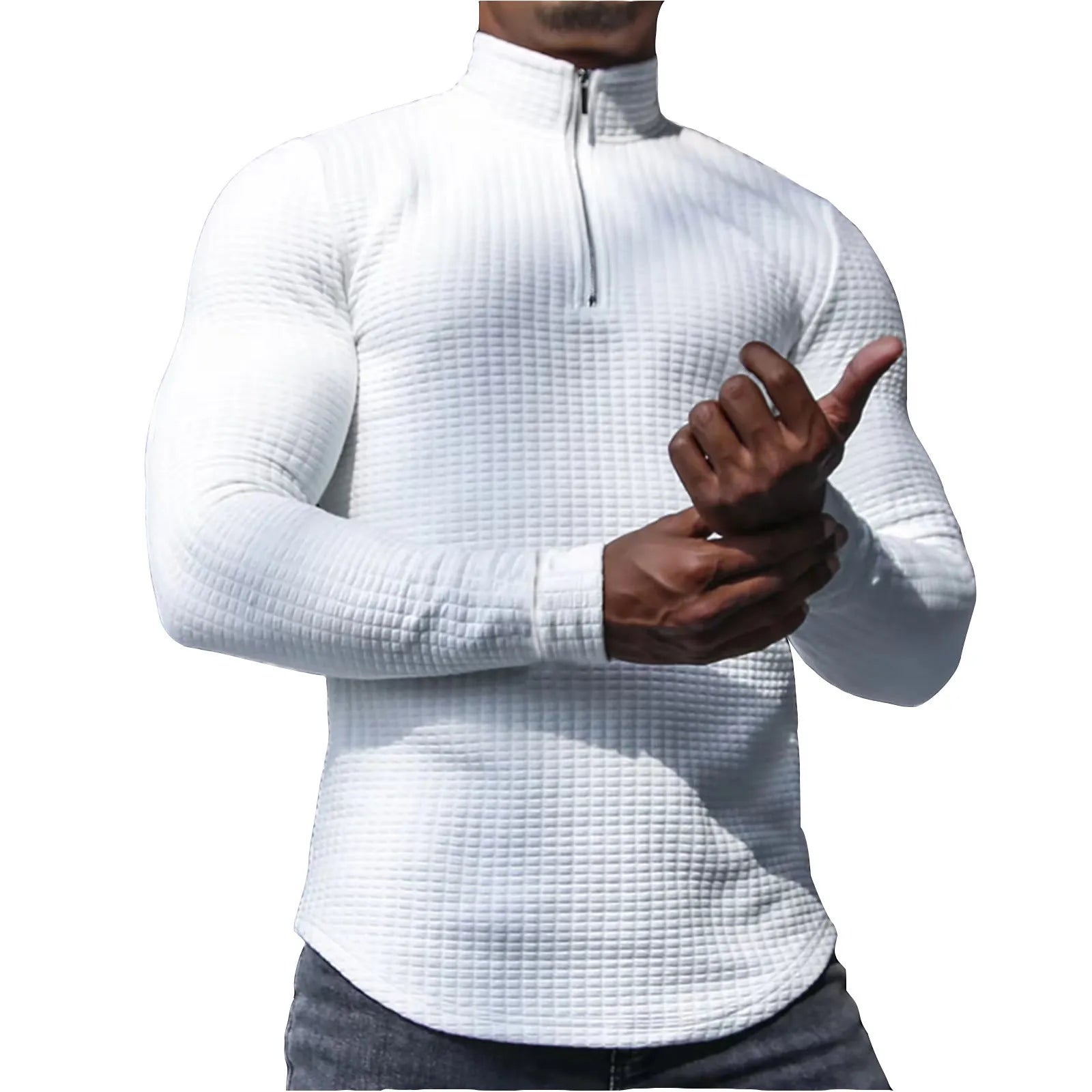 Men's stand collar half zip sweater in plaid pattern, polyester long sleeve, available in seven colours