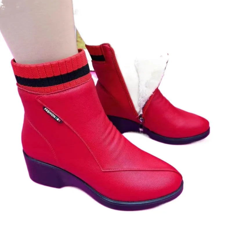 Women's mid-heel ankle boots with square heel, side zipper, soft leather, and velvet lining in black and red