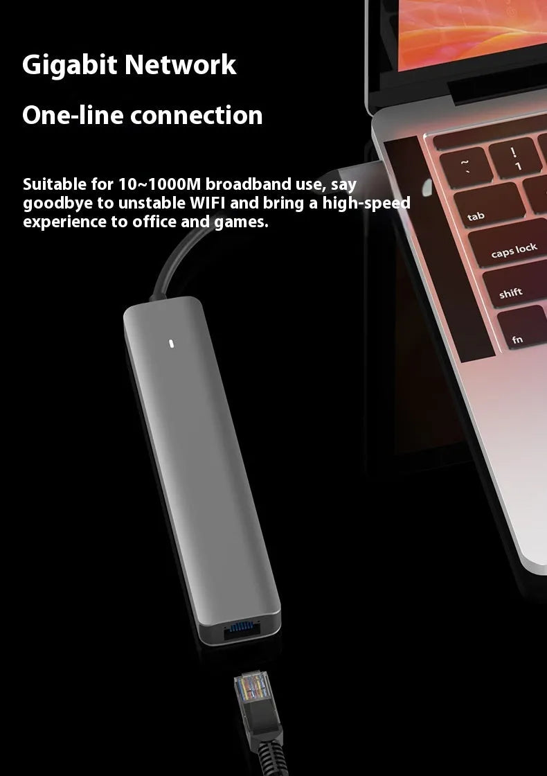Silver aluminium 7-in-1 USB-C hub with SD card slot, microSD slot, USB-A, and USB-C ports.